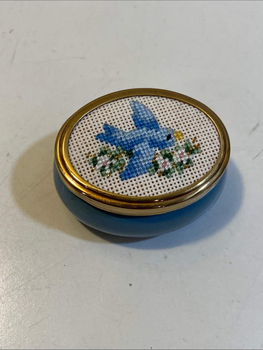 Vintage Mini Blue Bird Embroidered Trinket Box